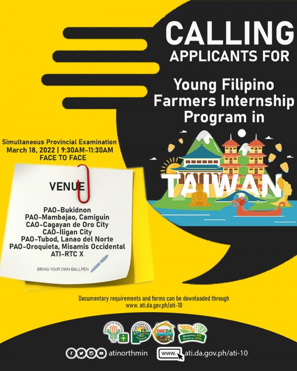 CALLING APPLICANTS FOR THE FILIPINO YOUNG FARMERS INTERNSHIP PROGRAM IN TAIWAN