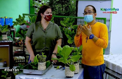 Actress and host Angel Locsin learns urban gardening from Rev. Fr. Eduardo Vasquez, Jr.